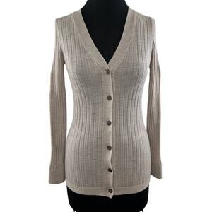 The Reset R LABEL Beige Wool Ribbed Knit V-Neck Button-Up Cardigan Sweater XS